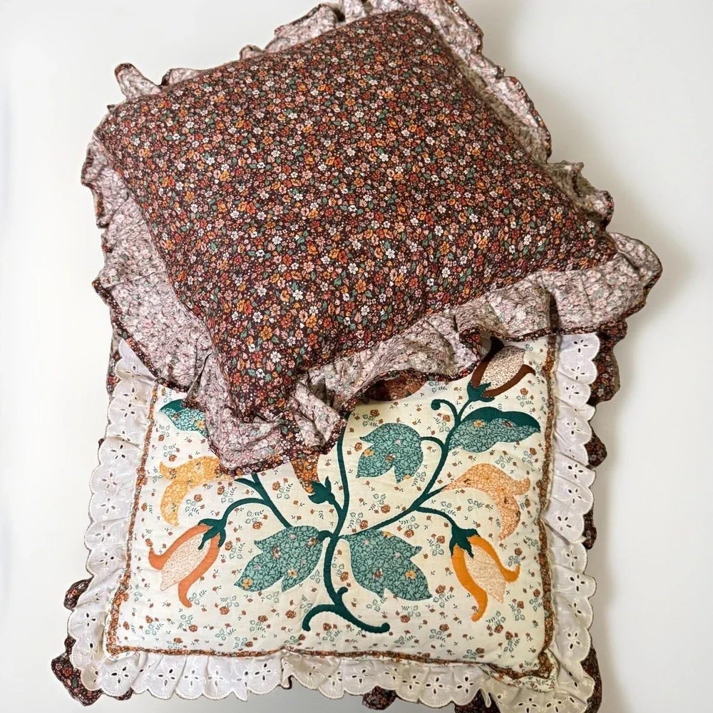 Vintage Throw Pillows Cottagecore Floral Ruffle Eyelet Lace Farmhouse Grannycore
